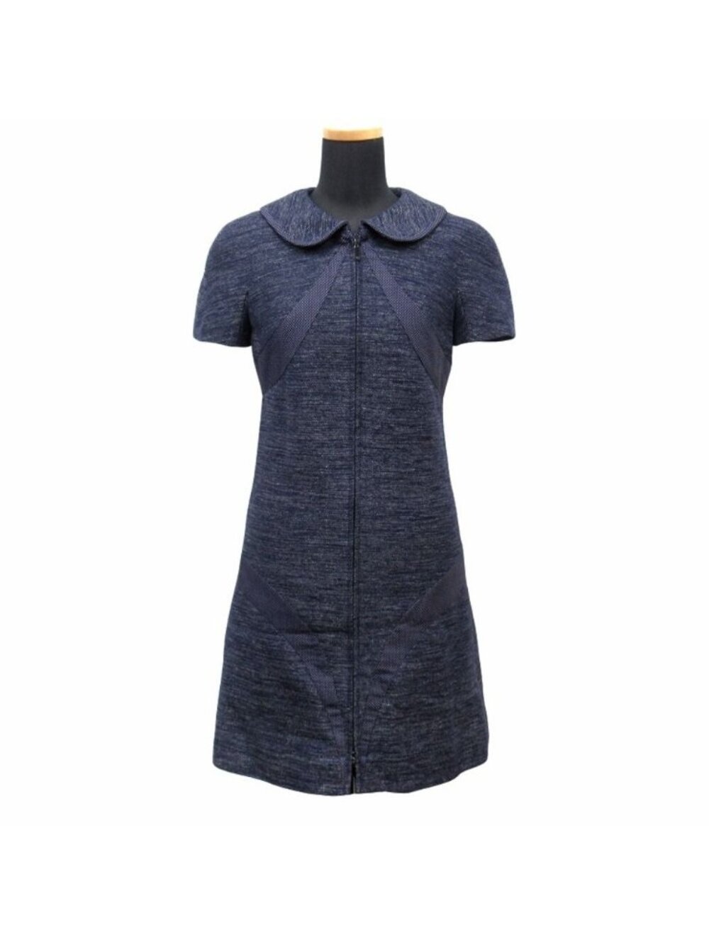 Chanel 13P Denim Dress Dot Contrast Round Collar CC Logo Camellia Lining 34